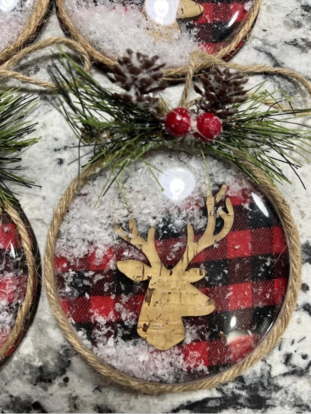 Rustic Red Buffalo Plaid Reindeer Holiday Ornaments - Set of 4